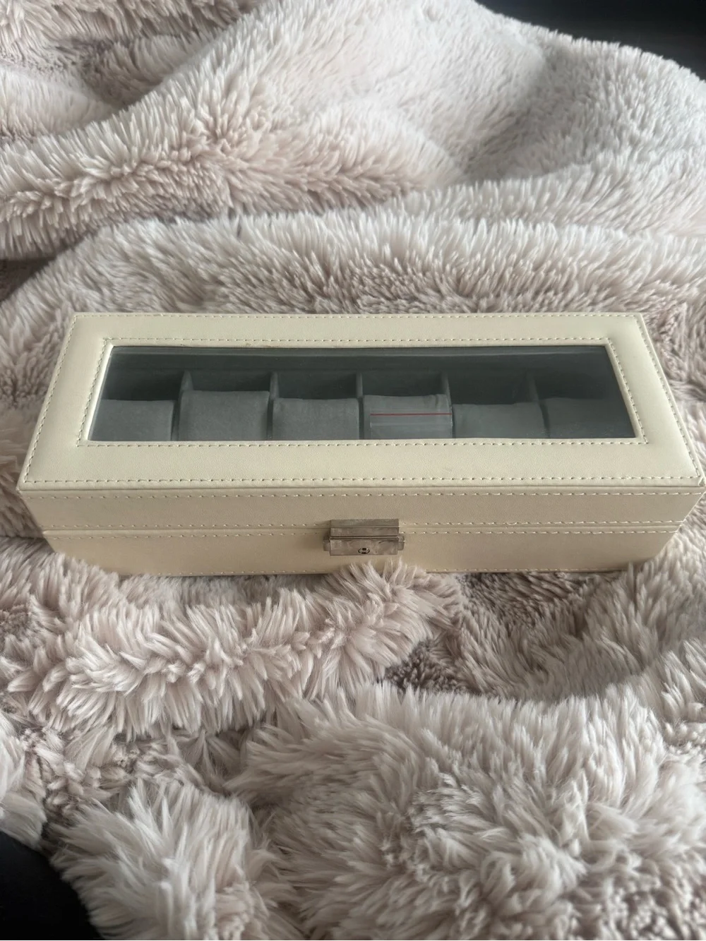 Cream 6-Slot Watch Jewelry Display Box Glass Lid w/ Key